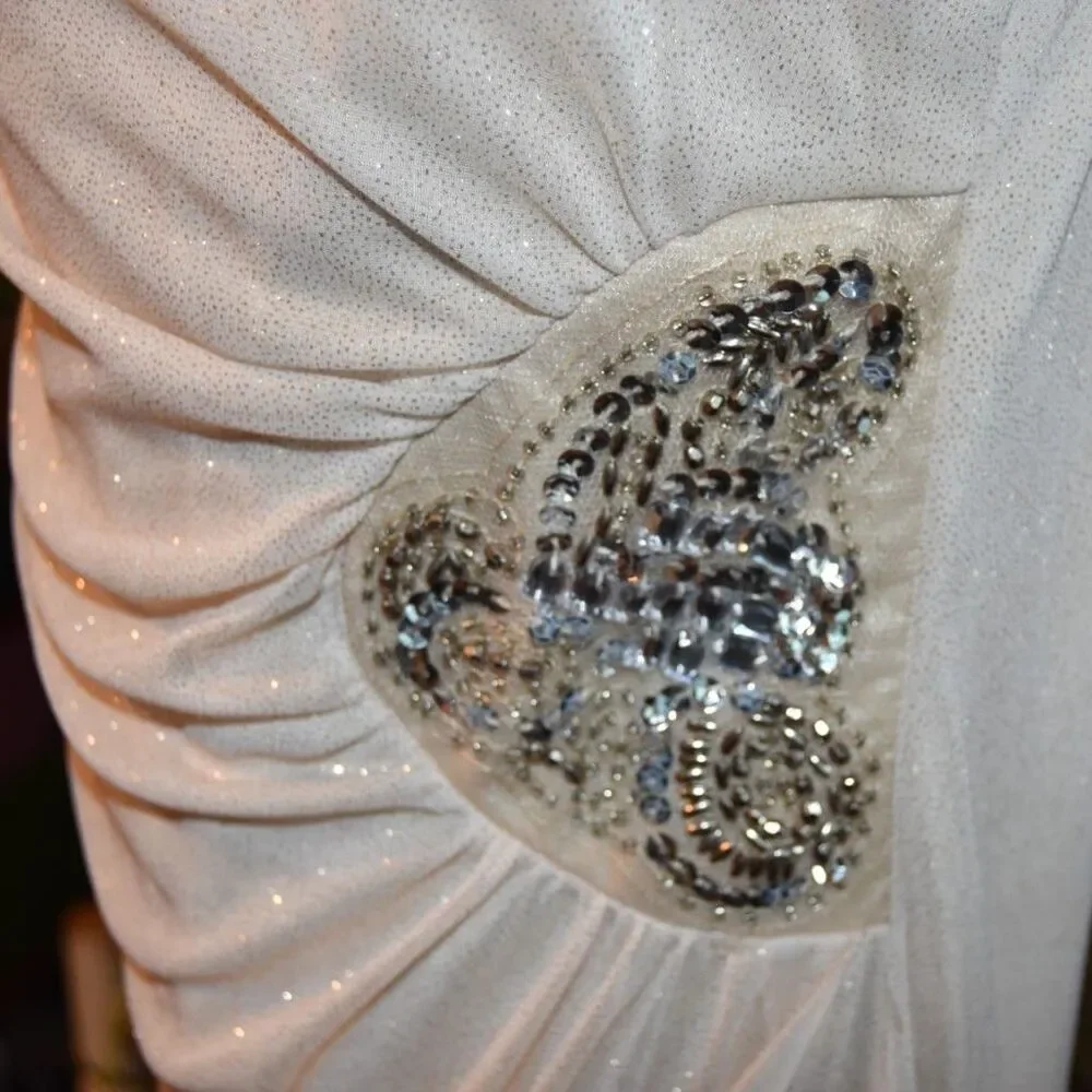 Y2K deb Formal Strapless Hi-Low Dress Metallic Beaded Champagne Size XL